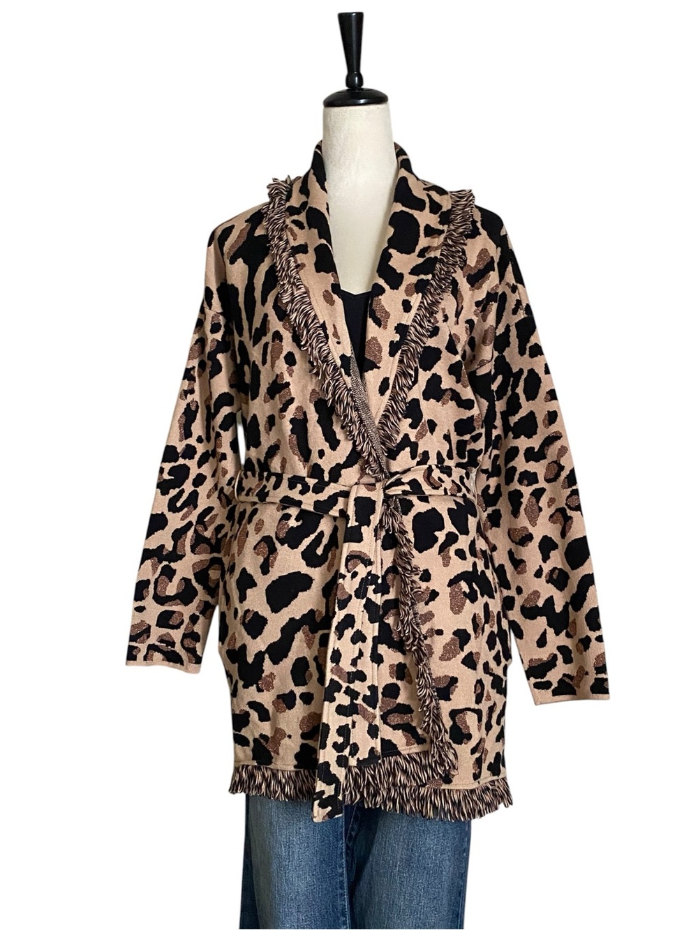 Chico’s Leopard Print Belted Fringe Cardigan Jacket Animal Print Size 1 M